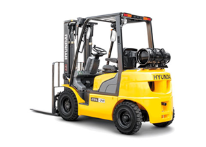 Carretilla elevadora GLP Hyundai 25l-7a, vista trasera y vista lateral sobre fondo blanco