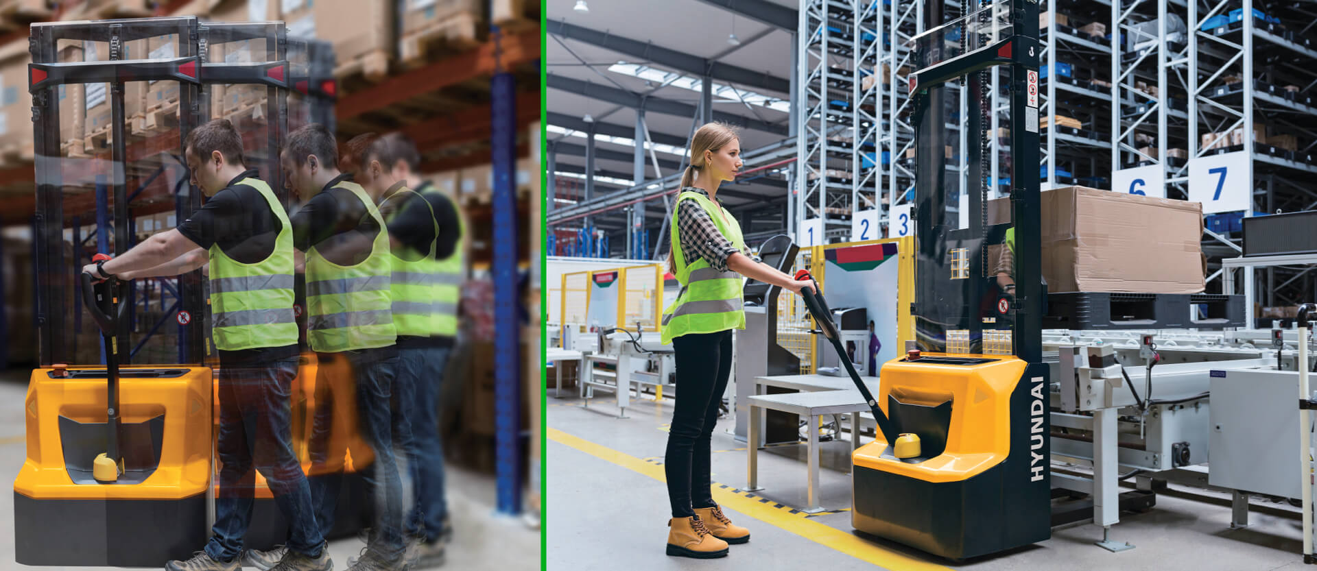 12-15ES-XB-XN - Hyundai Material Handler Pallet Stacker Working in Warehouse