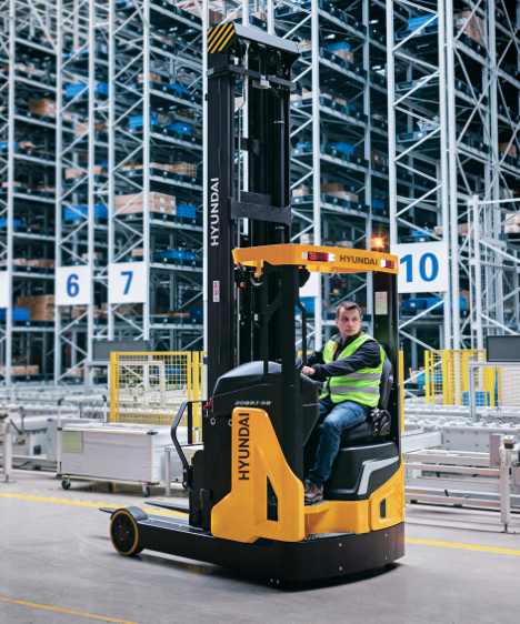 20BR-J Hyundai Material Handling Reach Truck operating in a warehouse